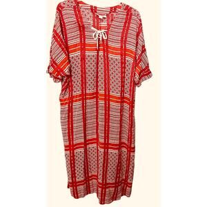 DREAMS & CO. SHORT SLV TIE- UP V-NECK TUNIC LOUNGER, WOMENS, 1X 22/24-RED/WHITE